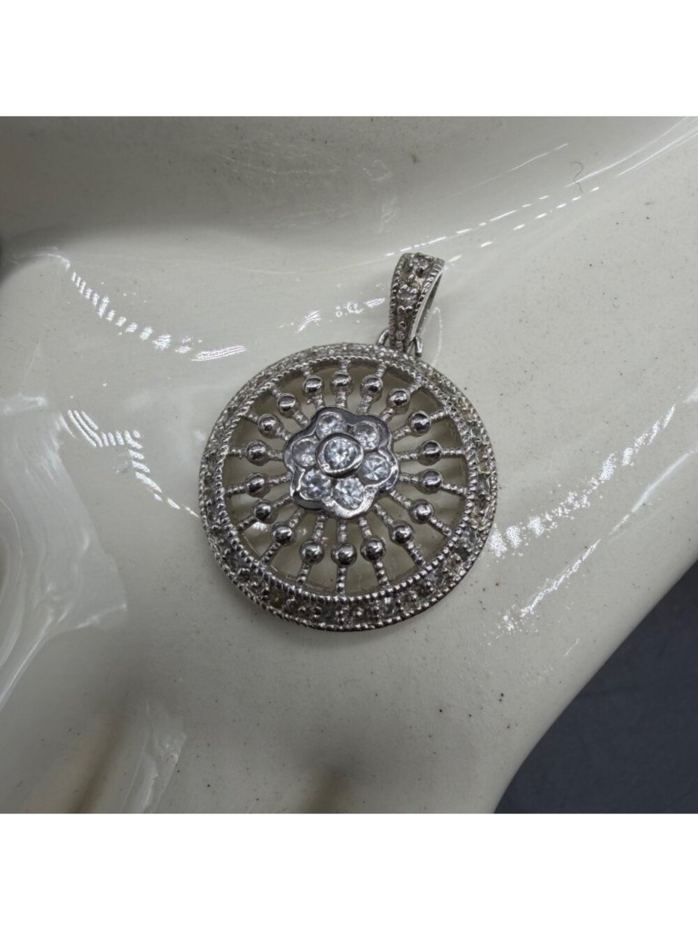 Sterling Silver Flower Pendant Round Sparkling Rhinestones 925 FAS Retro